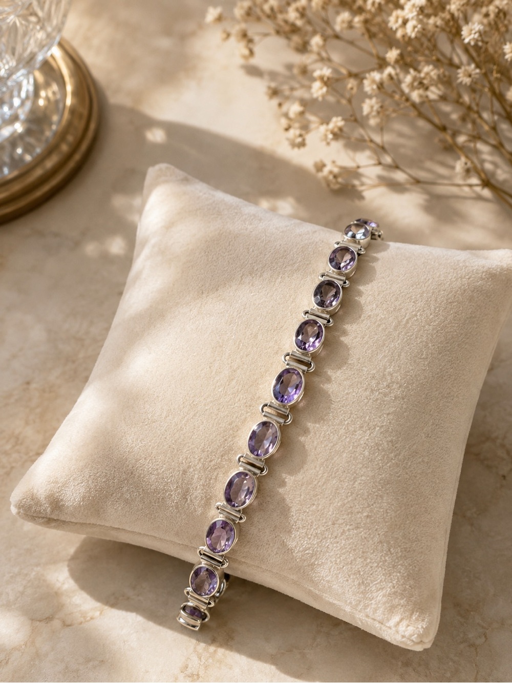 Vintage Silver Amethyst Link Bracelet - 7.5”